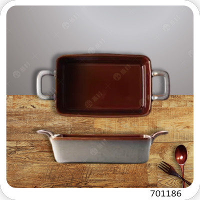 窯變釉色長方雙耳烤盤-棕